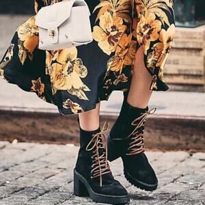 Free People Dylan Black Suede Lace Up Platform Boots Size 9 Chunky Heel NEW